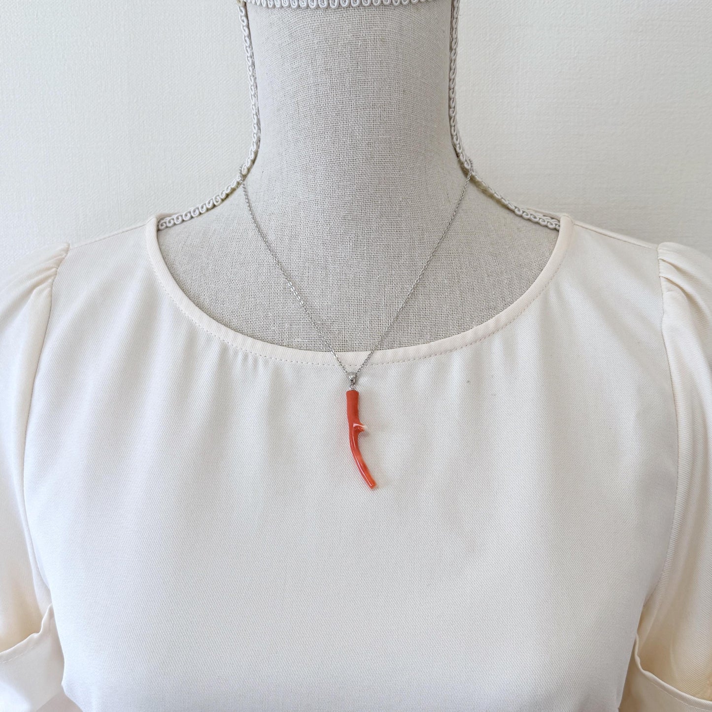 Momo Coral Branch Pendant Natural, Japanese Orange Coral (45mm Length, Rhodium-Plated Silver Bail, Unique Jewelry)