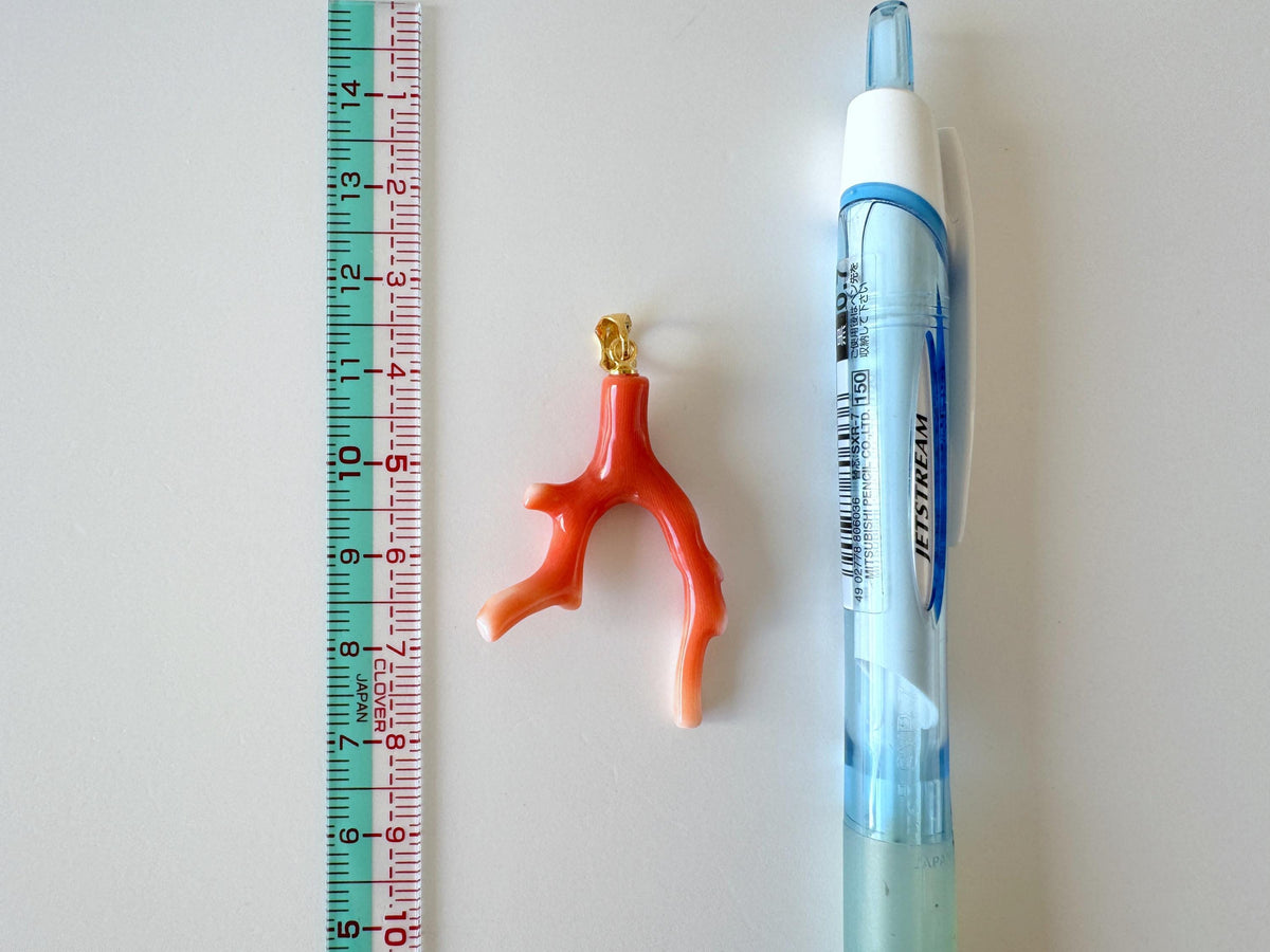 Momo Coral Branch Pendant Natural, Japanese Orange Coral (40mm Length, Silver Gold-Plated Bail, Genuine)