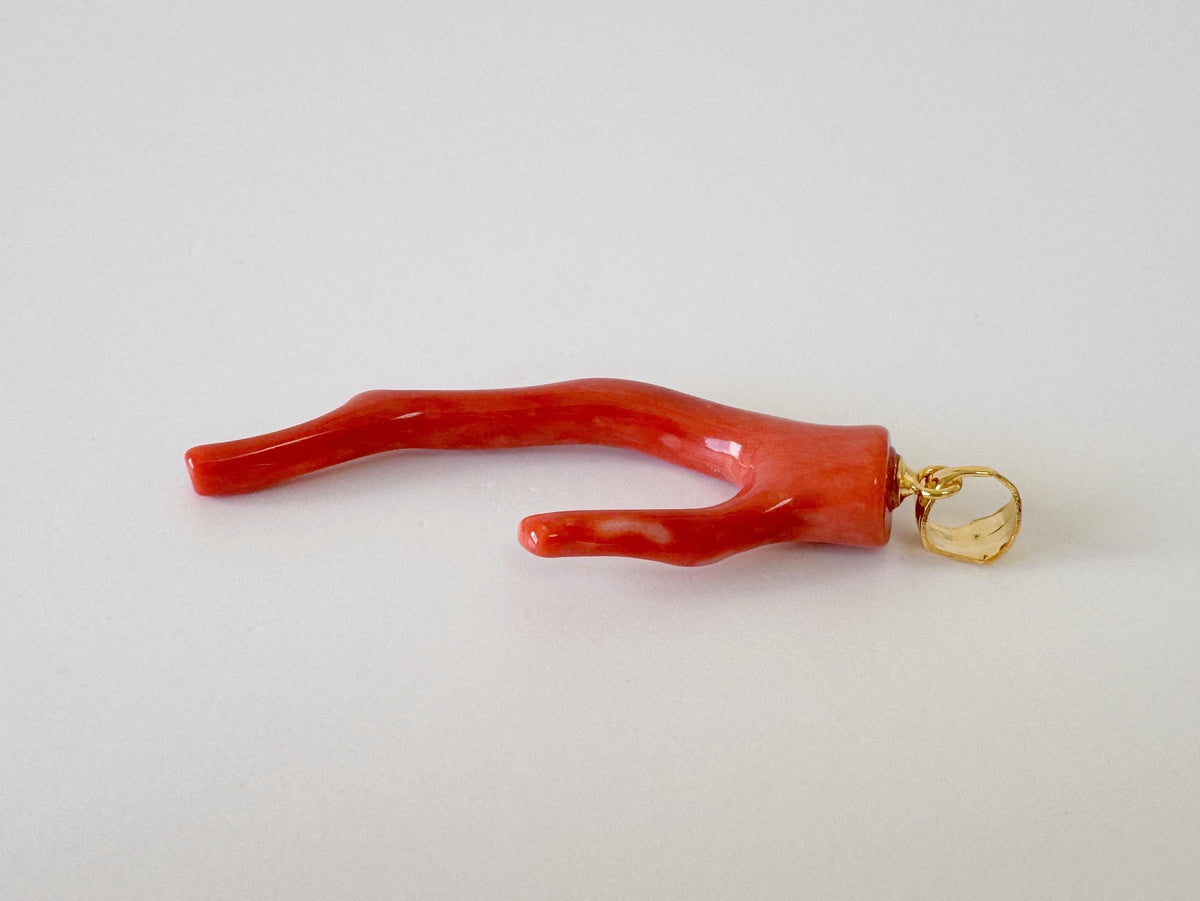 Momo Coral Branch Pendant Natural Jewelry: Vermilion Orange Japanese Coral (42mm, Silver Gold-Plated Bail, Lightweight)
