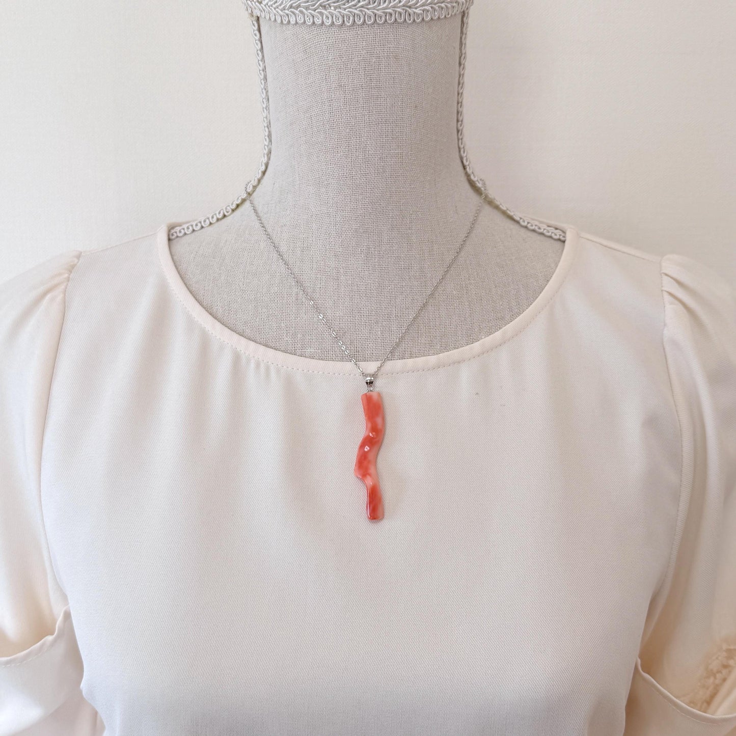 Coral Branch Pendant - Natural Deep Sea Coral Jewelry - Orange Pink Branch, Rhodium-Plated Silver Bail, 58mm Length