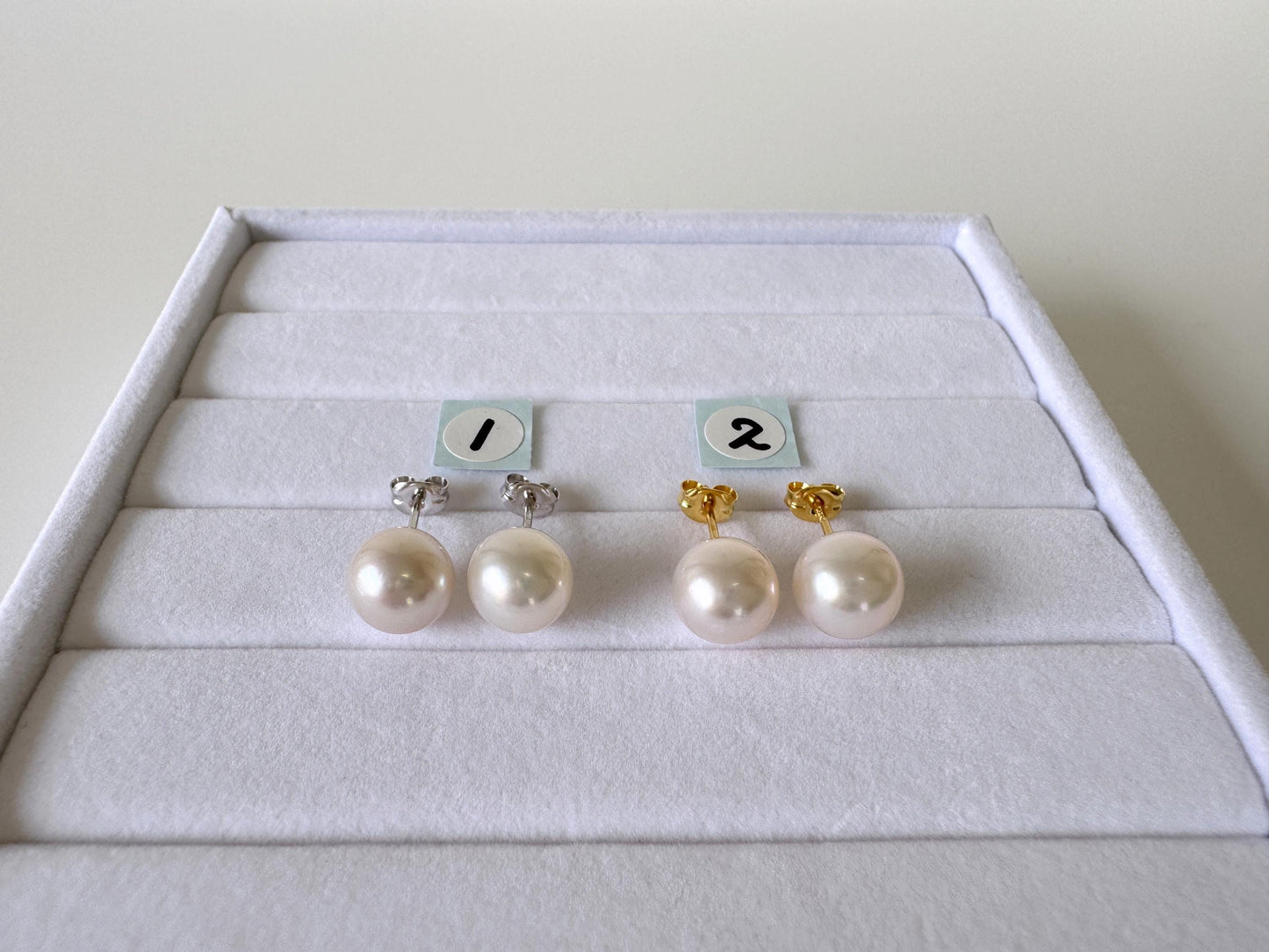 Japanese White Akoya Pearl Stud Earrings, 8.5mm, Silver 925 Post/Ear Nuts, Genuine Akoya Pearl, Salt water cultured pearl
