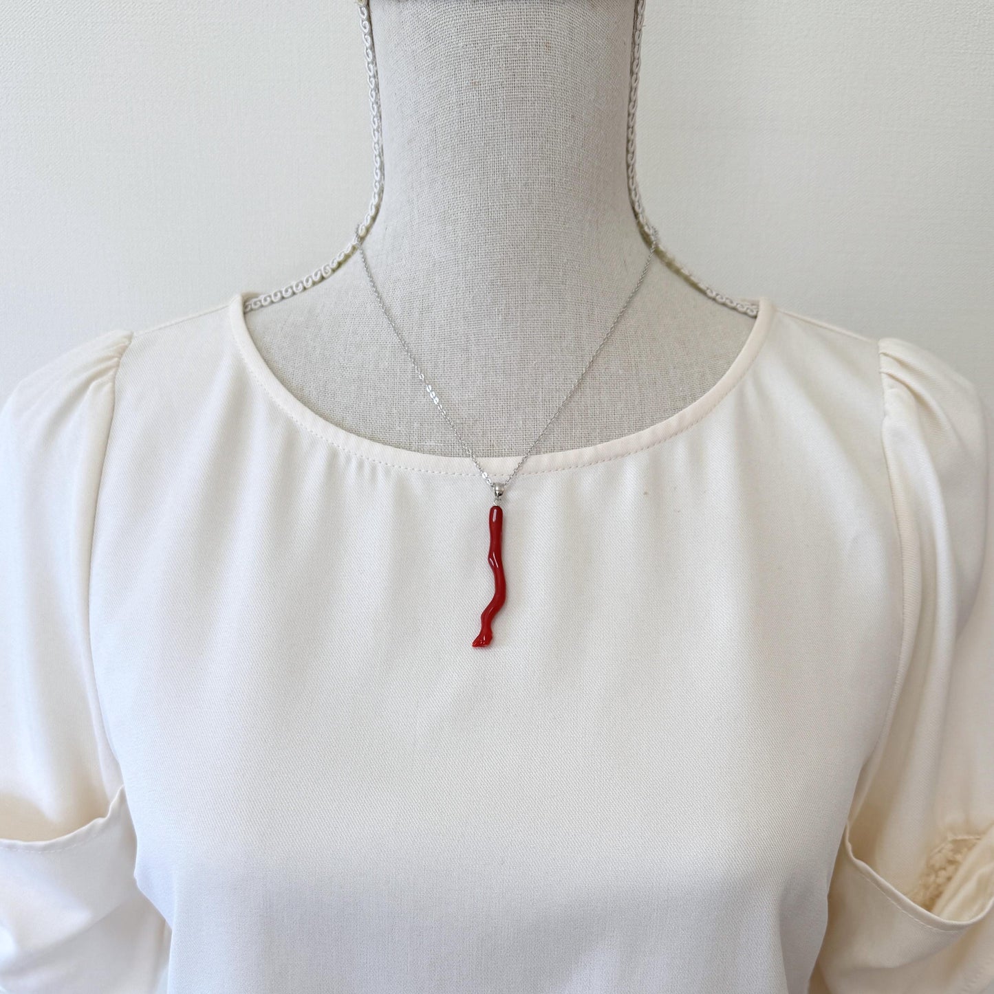 Natural Red (Aka) Coral Branch Pendant, Oxblood, Natural Color Japanese Coral, Length 50mm, Silver bail (rhodium plated)