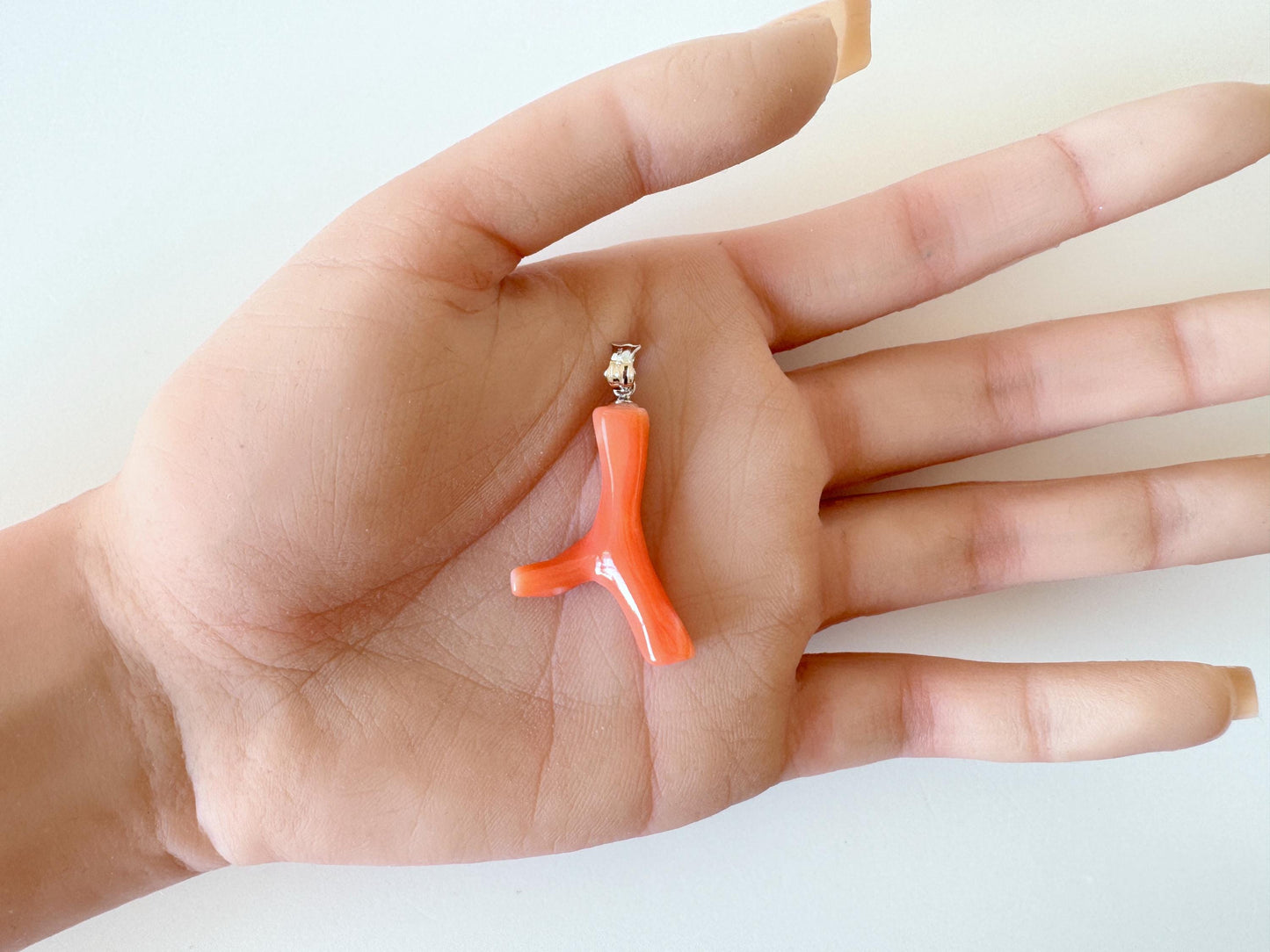 Coral Branch Pendant: Natural Orange Pink Deep Sea Coral, Silver Rhodium-Plated Bail | 32mm, Lightweight Jewelry Accessory