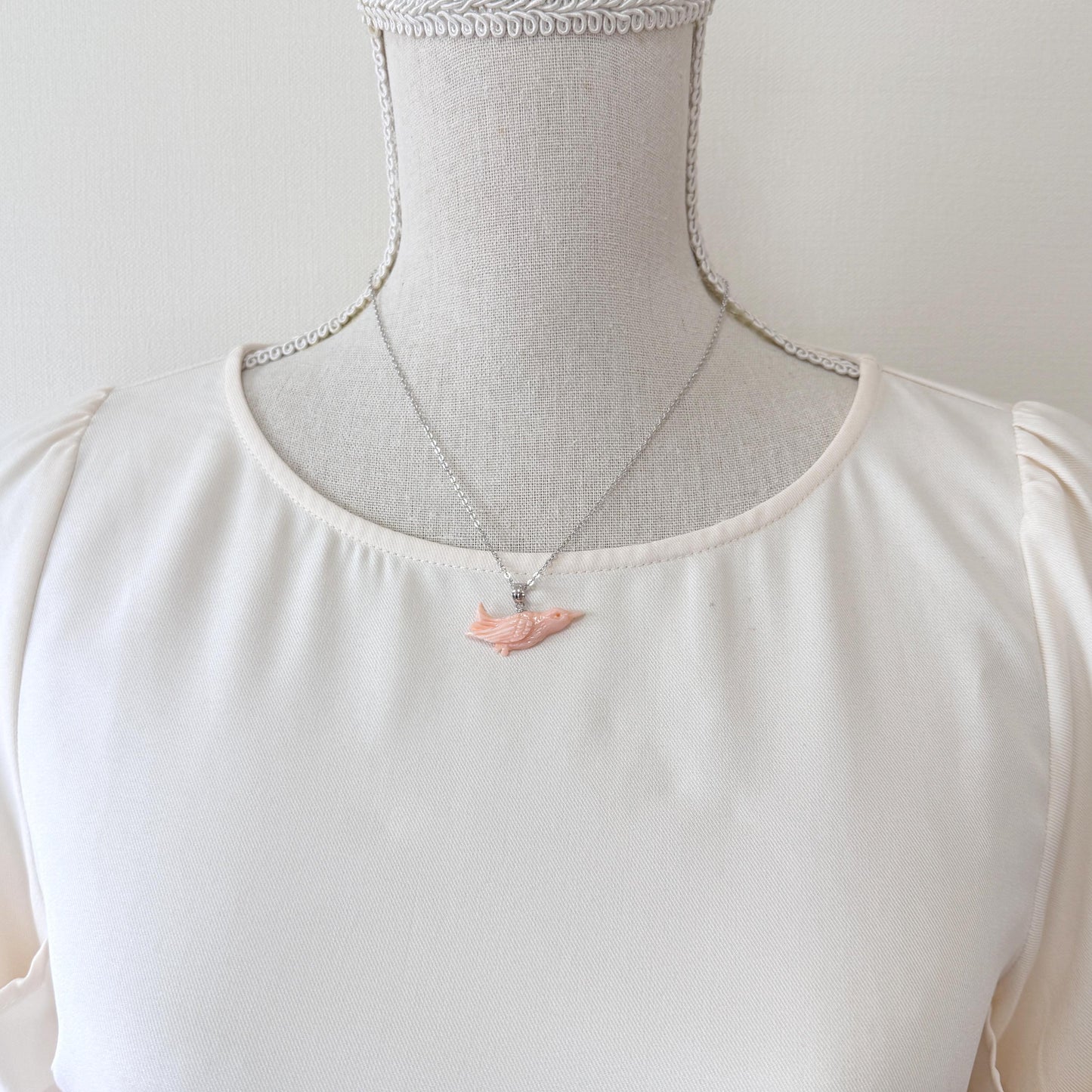 Carved Coral Bird Pendant Natural Jewelry, Pink Deep Sea Coral (34x9.2mm, Rhodium Silver Bail, Hand Carved)