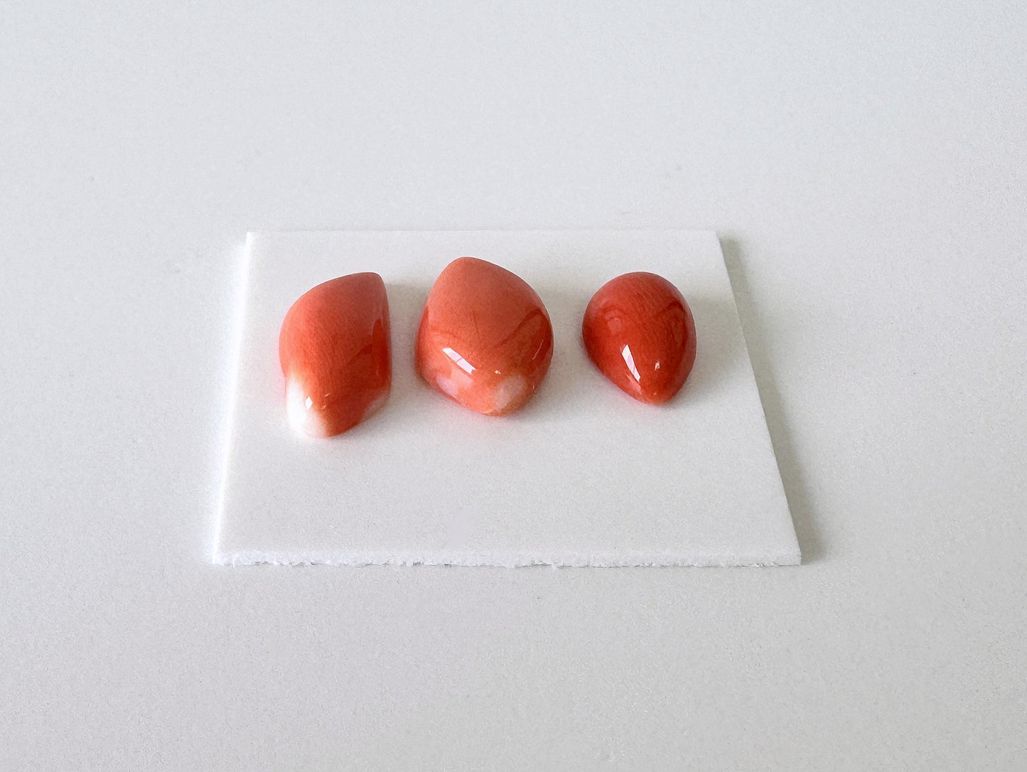 Momo Coral, Japanese Orange Unique Shaped Cabochon Set Of 3, Natural Flat Back - Half-Drilled | 9.2-13 X 6.6-8.2mm