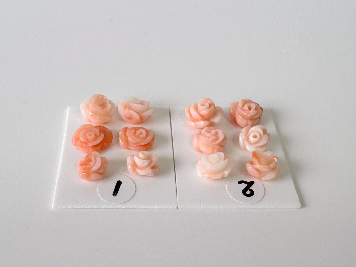 Pink Coral Rose Carvings Handmade Beads, Natural Deep Sea Coral (Value Priced Set, Drilled Holes, 6pcs 7-9mm)