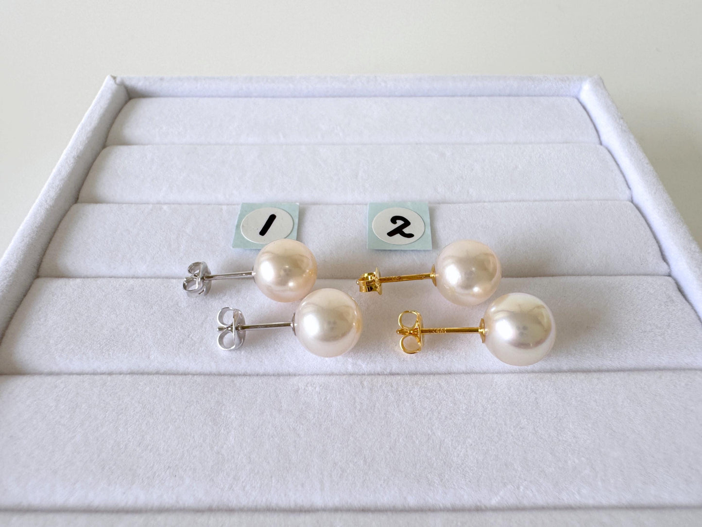 Japanese White Akoya Pearl Stud Earrings, 8.5mm, Silver 925 Post/Ear Nuts, Genuine Akoya Pearl, Salt water cultured pearl