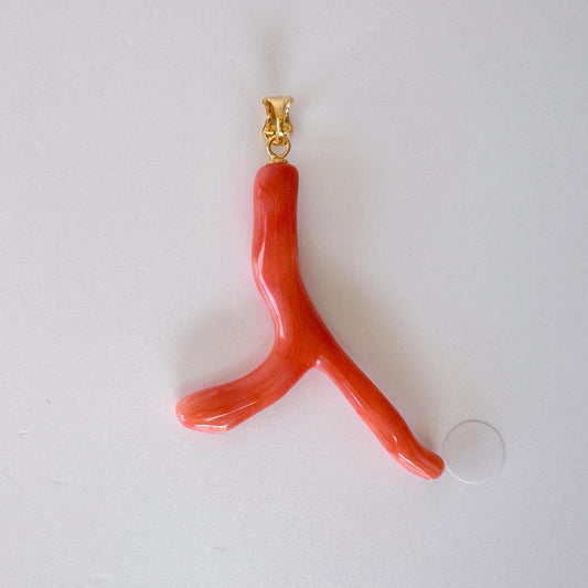 Coral Branch Pendant Natural Deep Sea Coral, Orange-Pink Color (42mm Length, Gold-Plated Silver Bail, Lightweight Jewelry)