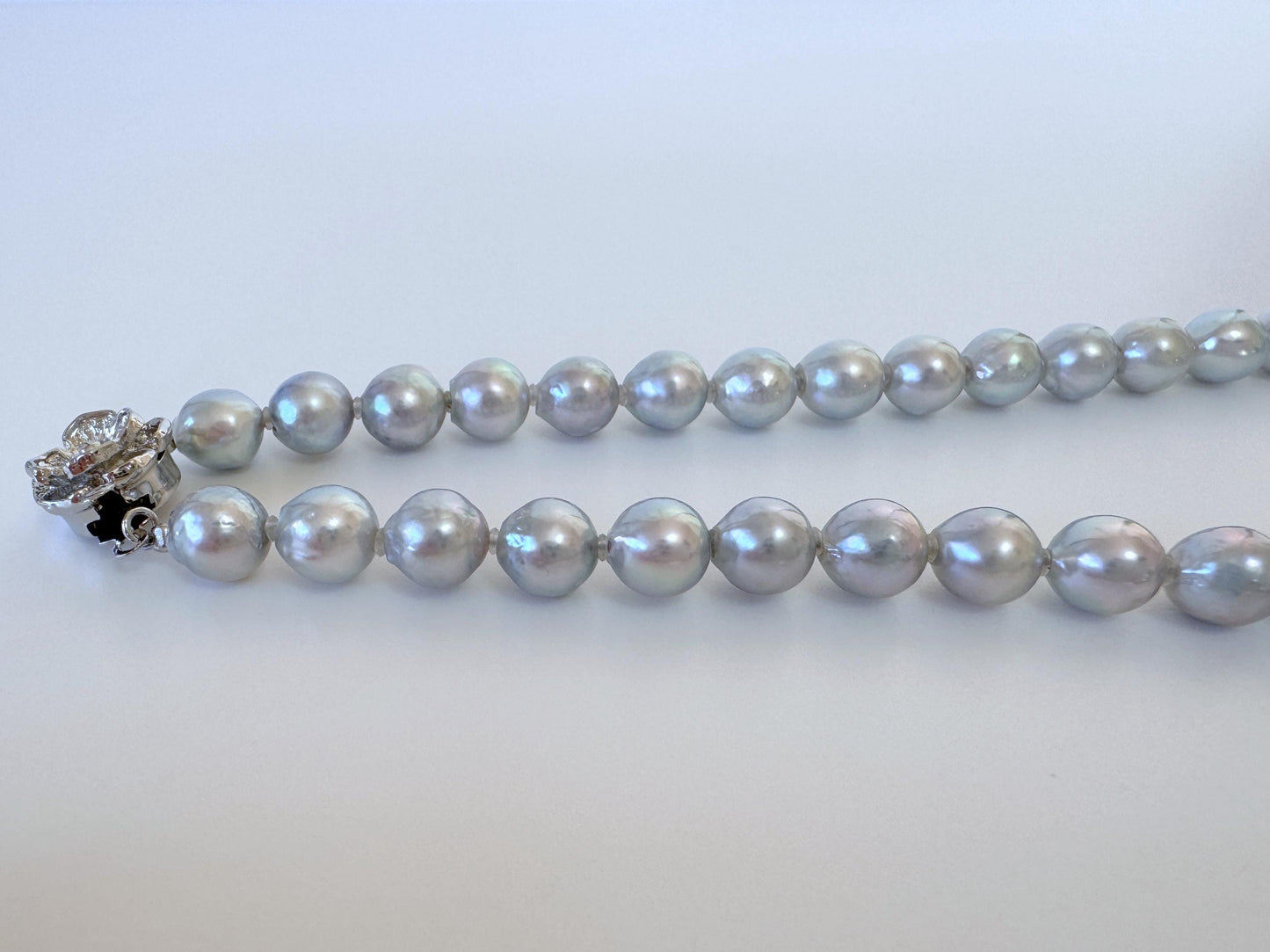 Akoya Pearl Necklace - 7.3-8mm Natural Blue Silver Cultured Saltwater Pearls with Silver Clasp
