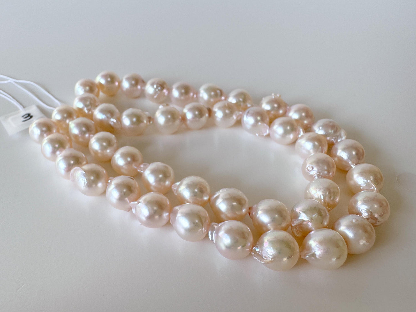 Japanese Akoya Pearl Strand 8.5-9mm Baroque Beads, White Pink Overtone (40cm, Saltwater Cultured)