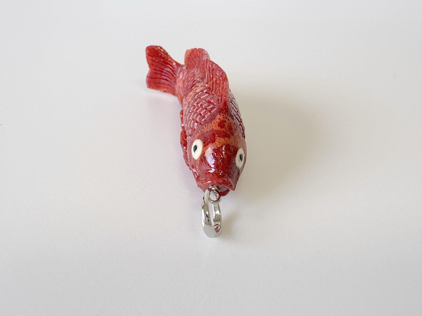 Natural Sponge Coral Carp Carving Pendant, 45mm, Apple Coral Fish Carving, Silver Bail (Rhodium plated)