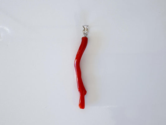 Natural Japanese Red Coral Branch Pendant, Aka Coral Branch, Length 46mm, Natural Color Japanese Red Coral, Silver (Rhodium-plated) Bail