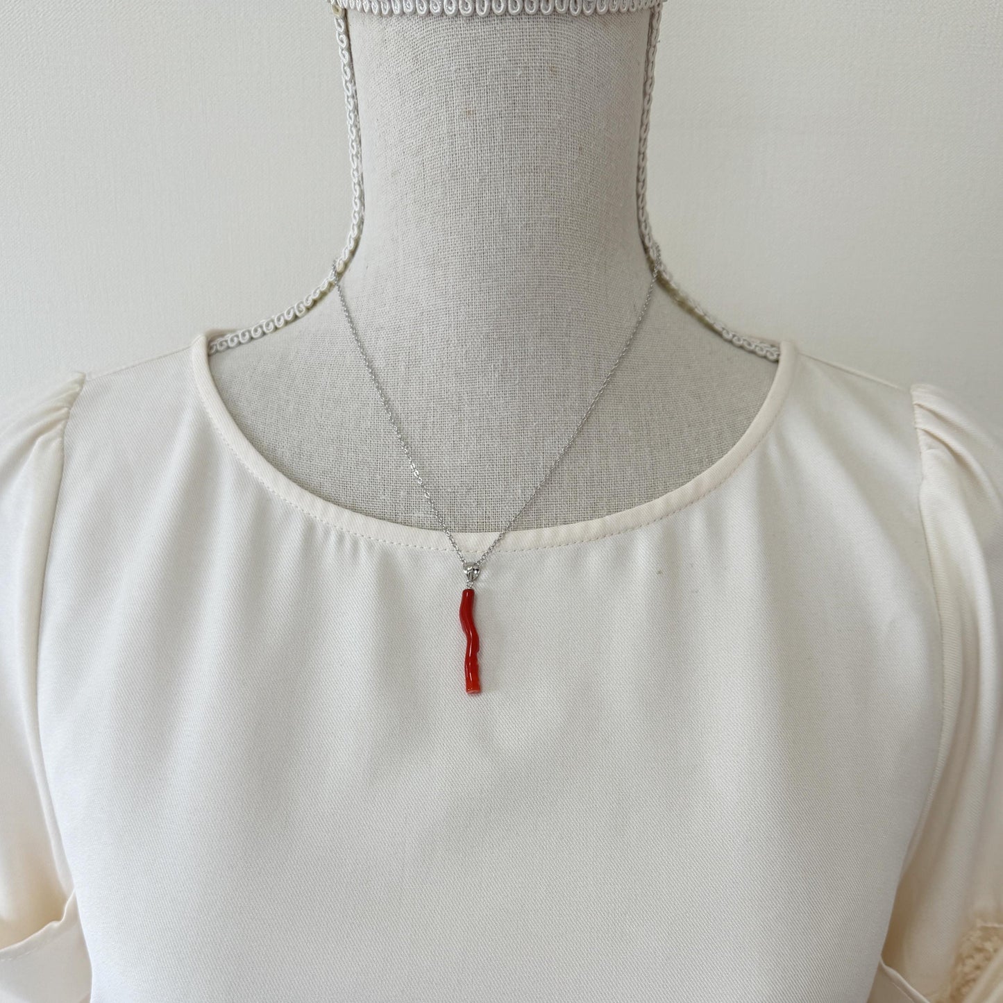 Natural Red (Aka) Coral Branch Pendant, Natural Color Japanese Coral, Length 31mm, Silver bail (rhodium plated)