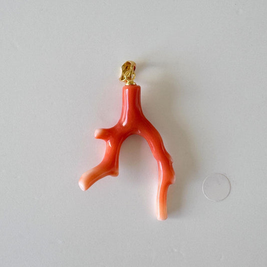 Momo Coral Branch Pendant Natural, Japanese Orange Coral (40mm Length, Silver Gold-Plated Bail, Genuine)
