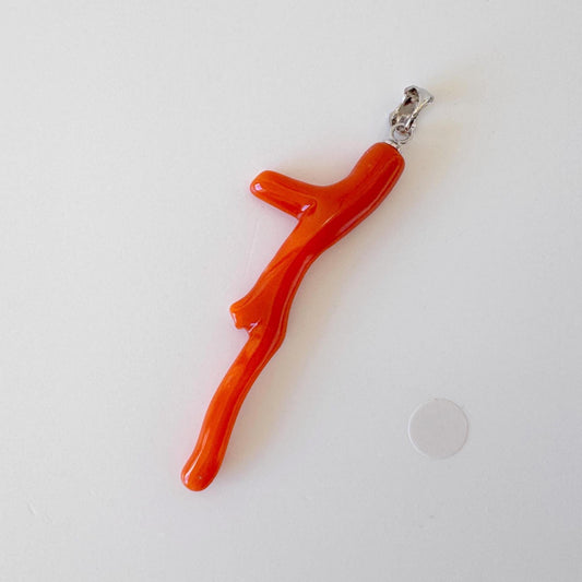 Natural Red Coral Branch Pendant: Japanese Aka Coral, Rhodium Plated Silver Bail, 51mm