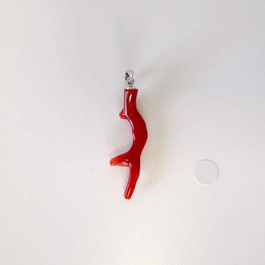 Natural Japanese Red Coral Branch Pendant, Aka Coral Branch, Length 34mm, Natural Color Japanese Red Coral, Silver (Rhodium-plated) Bail