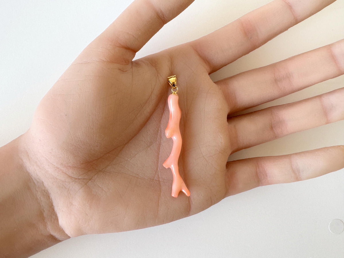 Coral Branch Pendant: Natural Pink Orange Deep Sea Coral - Gold-Plated Silver Bail, 45mm Length