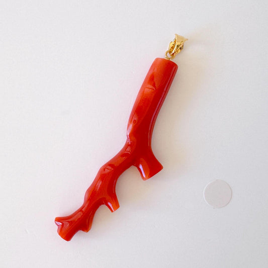 Natural Red Coral Branch Pendant: Japanese Aka Coral, Gold Plated Silver Bail, 55mm