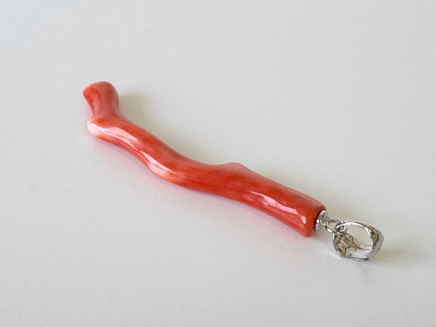 Momo Coral Branch Pendant Natural Jewelry, Japanese Orange Coral (46mm Length, Rhodium-Plated Silver Bail)