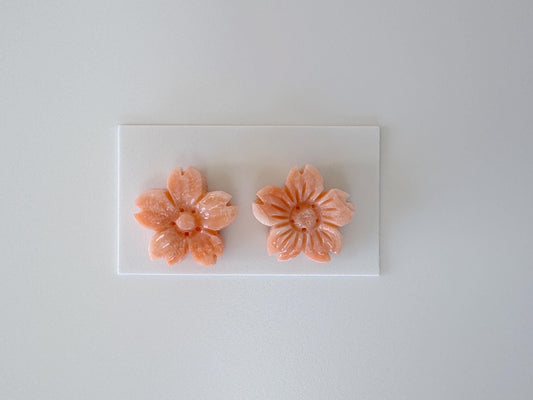 Natural Deep Sea Coral Cherry Blossom Carvings Pair Loose, Sakura Carving, 20mm, Natural Pink/Orange Color Coral, For Earrings, Back hole