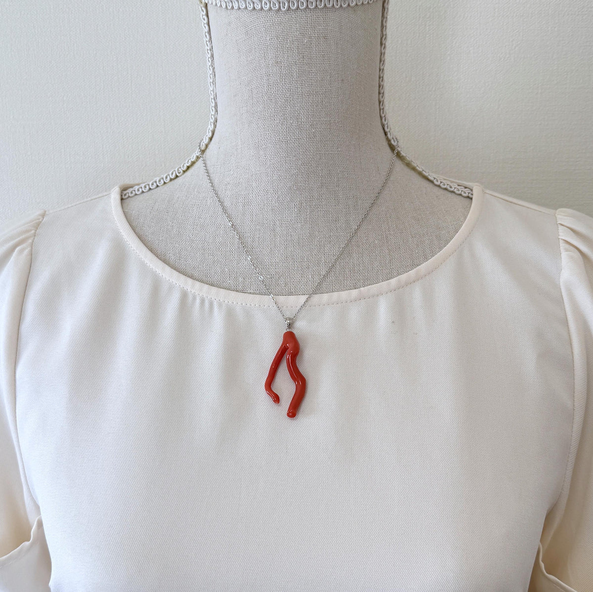 Momo Coral Branch Pendant: Japanese Coral Jewelry, Vermilion Orange (44mm, Rhodium-Plated Silver Bail)