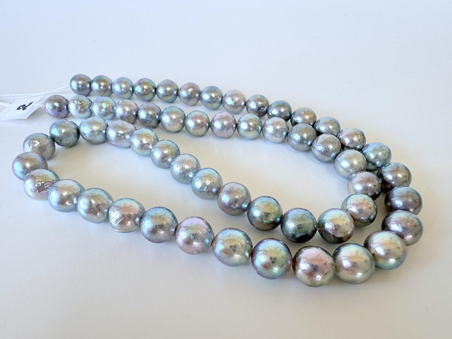 Japanese Akoya Pearl Strand - Cultured Semi-Round Beads - Natural Blue Silver Color, 7-7.5mm Size, Full 40cm Length