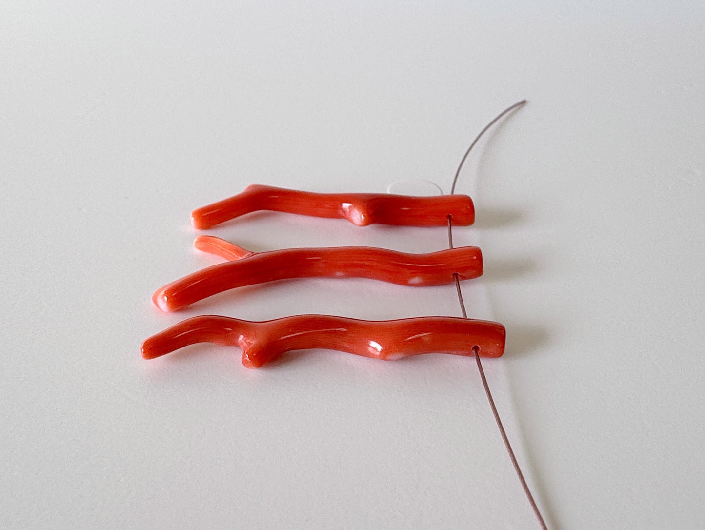 Natural Japanese Momo Coral branches, Set of 3pcs, Natural Orange Color, Side Full-Hole, Genuine Precious Coral, for Jewelry Making