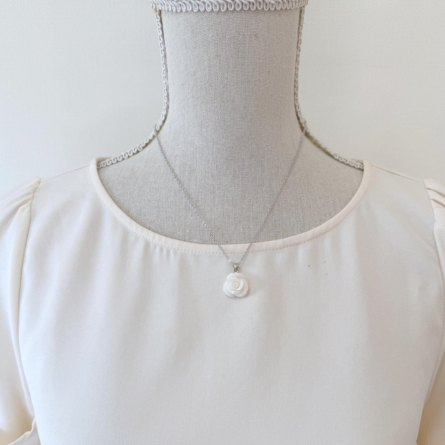 Natural White Coral Rose Pendant, 15x15mm Rose, Natural White Color Coral, Silver (rhodium plated) Bail, Genuine Precious Coral Pendant