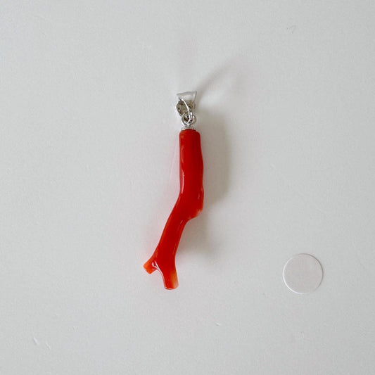 Natural Red (Aka) Coral Branch Pendant, Natural Color Japanese Coral, Length 30mm, Silver bail (rhodium plated)
