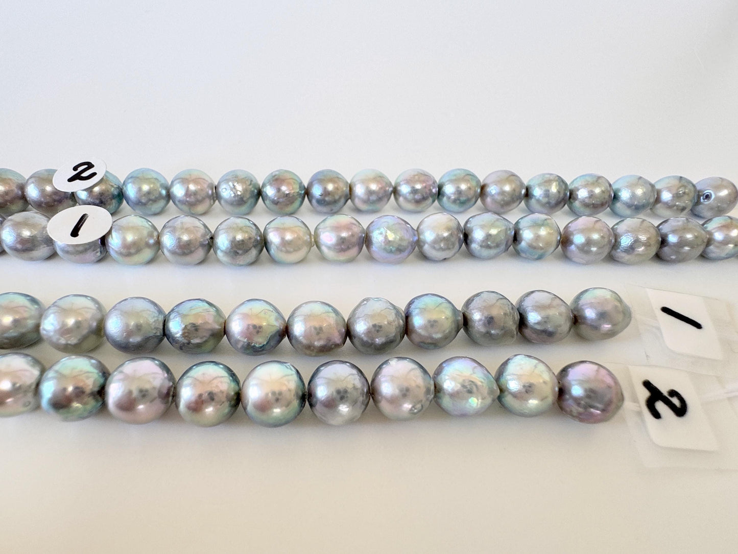 Japanese Akoya Pearl Strand - Cultured Semi-Round Beads - Natural Blue Silver Color, 7-7.5mm Size, Full 40cm Length