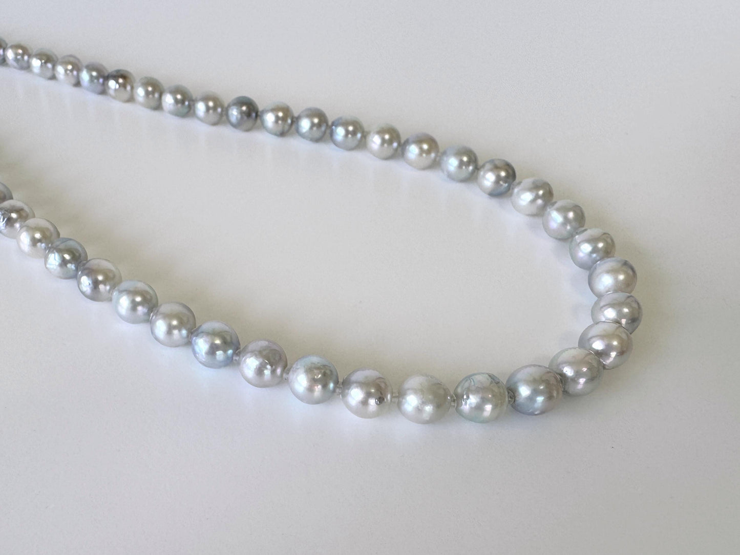 Japanese Akoya Pearl : Natural Blue Silver Color - Cultured Saltwater Pearls, 7-7.5mm Beads, Silver Clasp Necklace, 45cm