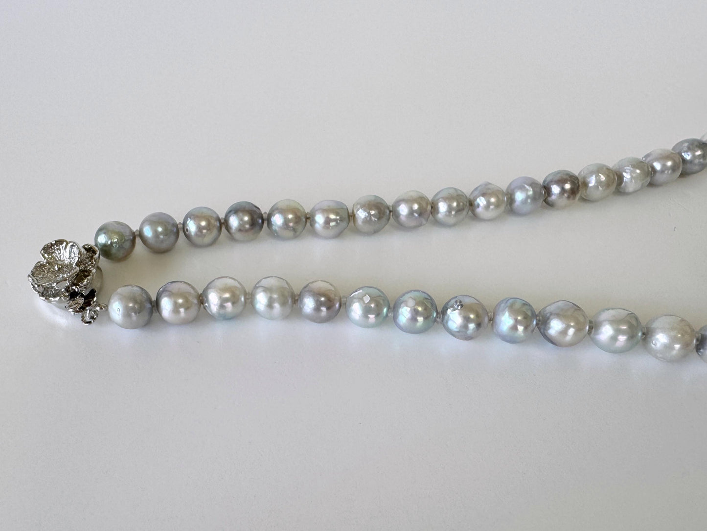 Japanese Akoya Pearl : Natural Blue Silver Color - Cultured Saltwater Pearls, 7-7.5mm Beads, Silver Clasp Necklace, 45cm