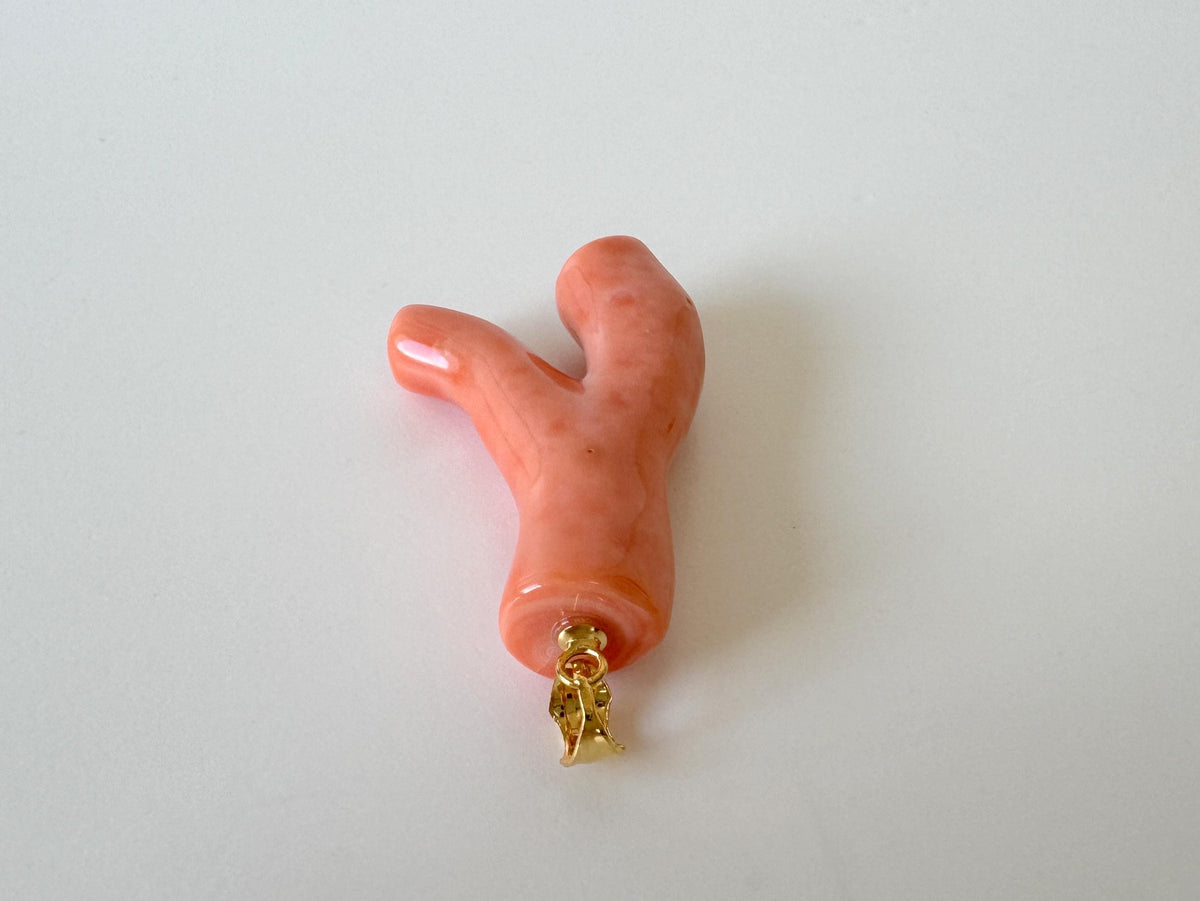 Coral Branch Pendant Jewelry: Deep Sea Pink-Orange Natural Coral, Gold-Plated Silver Bail (38mm)