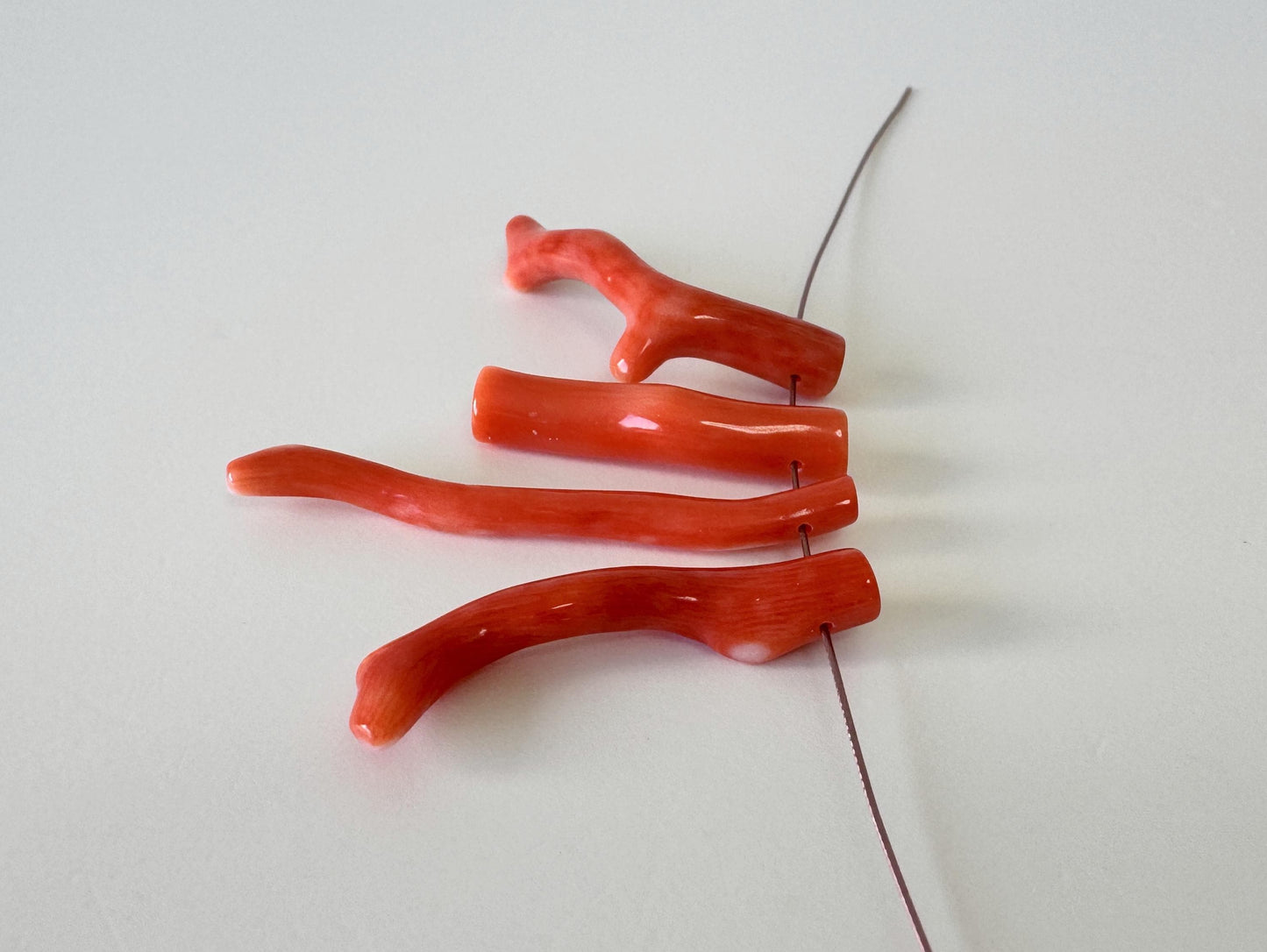 Momo Coral Branch Set: Natural Japanese Orange Coral for Jewelry Making (4pcs, Side Full-Hole, 24-36mm Length, Genuine Material)