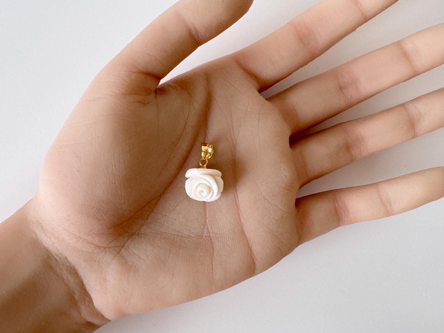 Natural Coral Rose Pendant: Pink and White Carved Deep Sea Coral Jewelry (13.3x13.2mm, Silver Gold Plated Bail, Genuine Amulet)