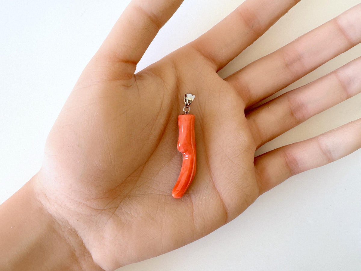 Momo Coral Branch Pendant Natural Jewelry, Japanese Orange Coral (35mm Length, Rhodium-Plated Silver Bail)