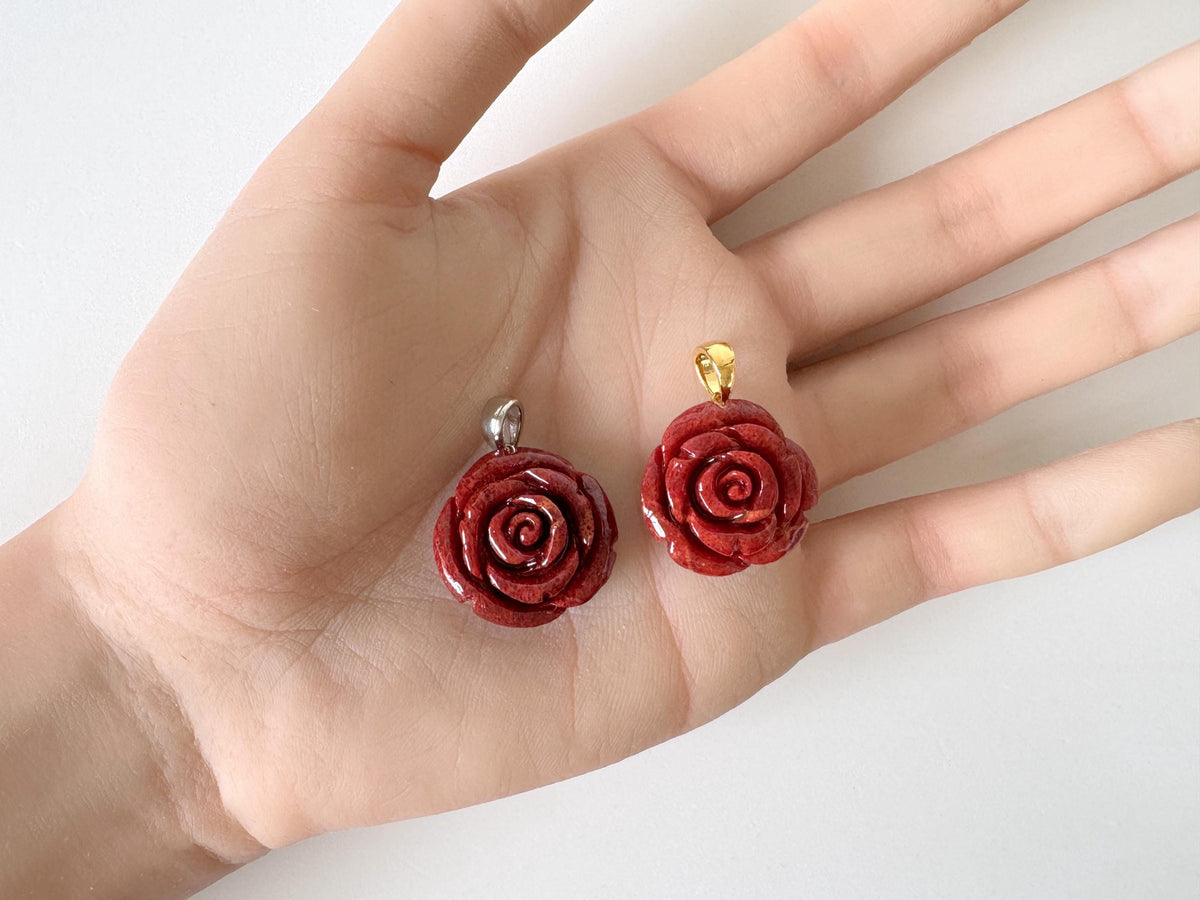 Sponge Coral Rose Pendant, Dark Red, 20mm (Brass Bail)