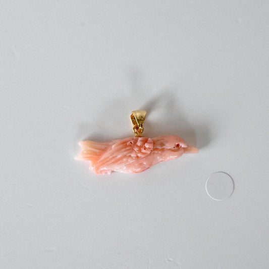 Carved Coral Bird Pendant Natural Jewelry, Pink Deep Sea Coral (35x10.4mm, Gold-plated Silver Bail, Hand Carved)