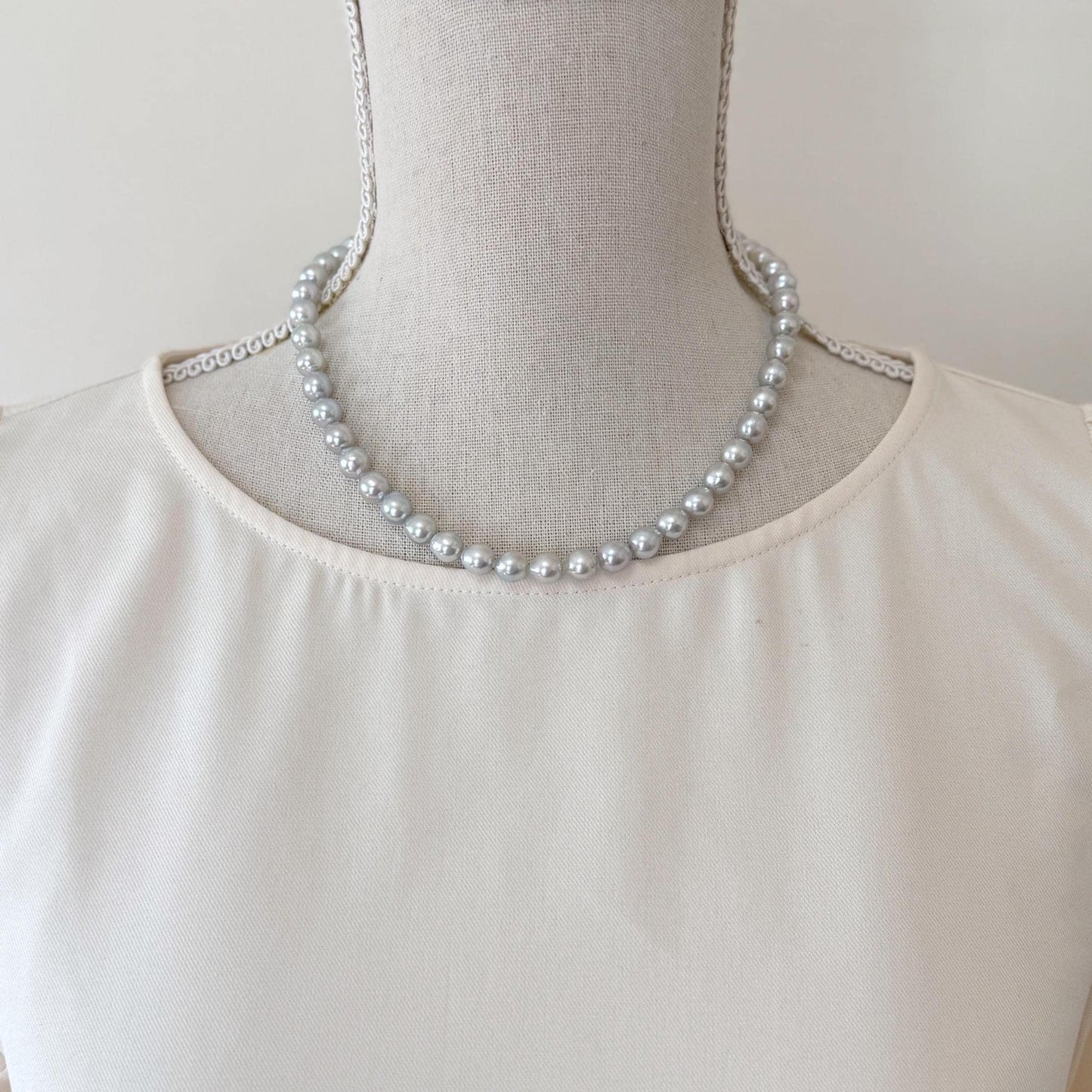 Necklace, 7.5-8mm Japanese Cream Natural Blue/Silver Akoya Pearl Necklace with Silver Clasp, Genuine Akoya Pearl, 45cm, 17.7in, Cultured Salt water pearl