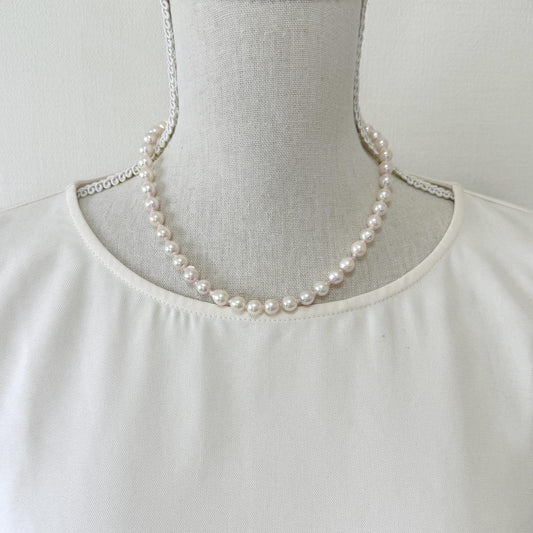 Japanese Akoya Pearl - Baroque Necklace - White Pink Overtone, 7-7.5mm Cultured Pearls, Silver Clasp, 45cm