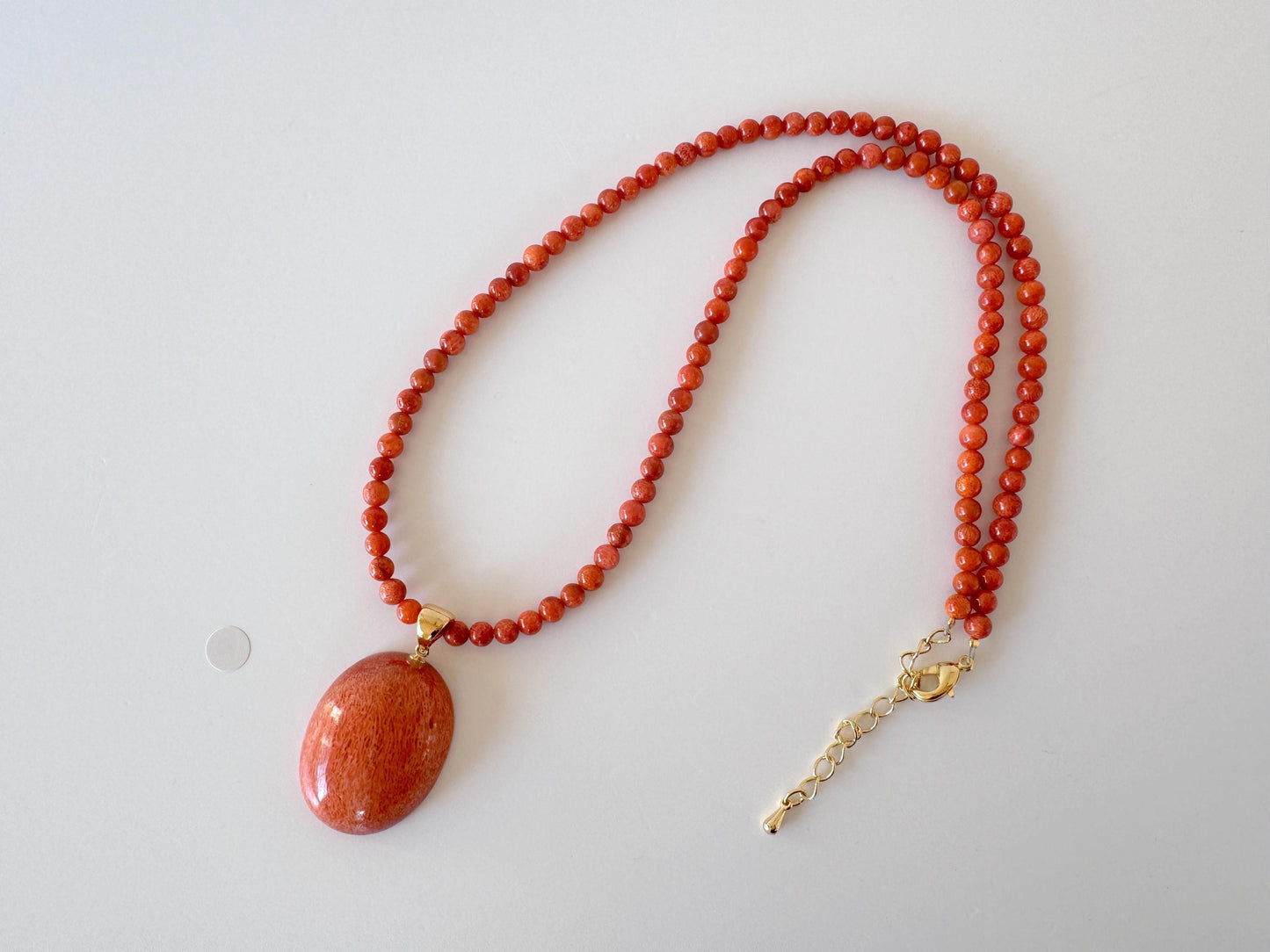 Sponge Coral Necklace with Oval Pendant, Bright Red, Brass Hook & Adjuster, Bail