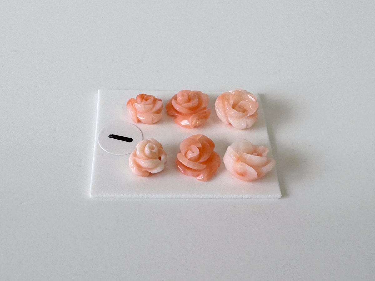 Pink Coral Rose Carvings Handmade Beads, Natural Deep Sea Coral (Value Priced Set, Drilled Holes, 6pcs 7-9mm)