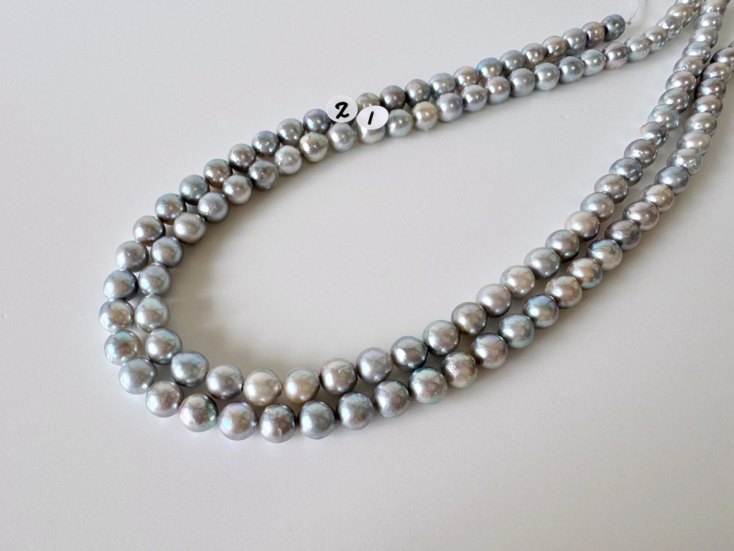 Japanese Akoya Pearl Strand - Cultured Semi-Round Beads - Natural Blue Silver Color, 7-7.5mm Size, Full 40cm Length + Additional 4 pcs
