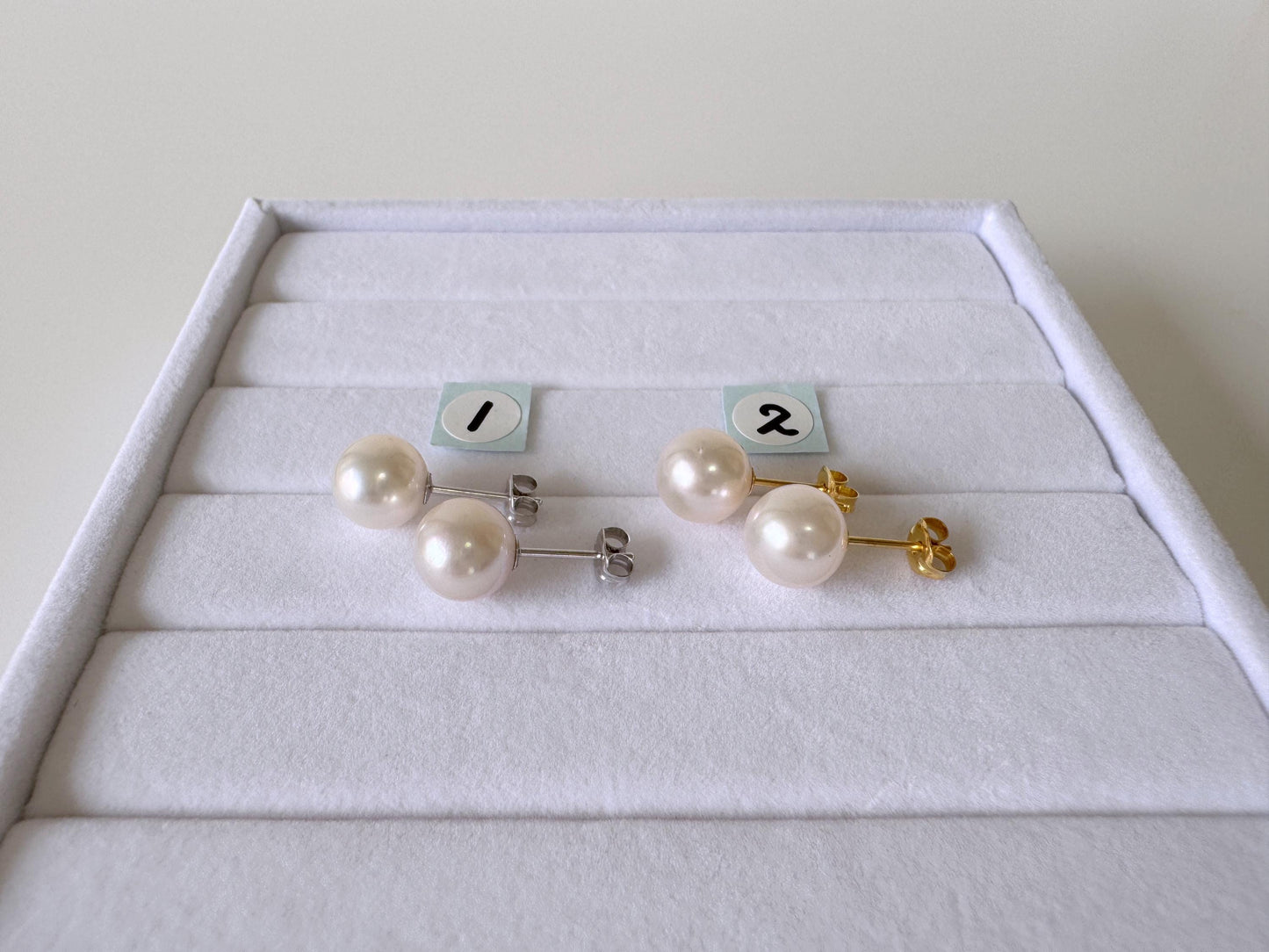 Japanese White Akoya Pearl Stud Earrings, 8.5mm, Silver 925 Post/Ear Nuts, Genuine Akoya Pearl, Salt water cultured pearl