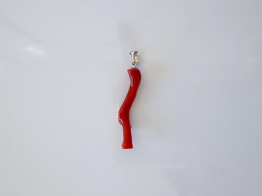 Natural Japanese Red Coral Branch Pendant, Aka Coral Branch, Length 32mm, Natural Color Japanese Red Coral, Silver (Rhodium-plated) Bail