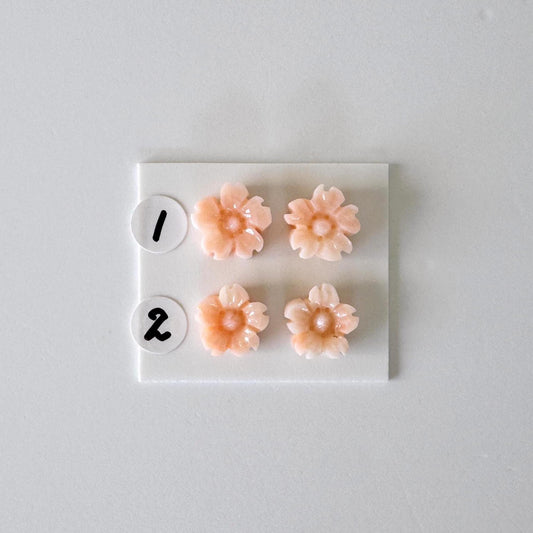 Deep Sea Coral Cherry Blossom Carvings, Pink Sakura Flowers (10mm Size, Natural Color, Half Drilled Pair)