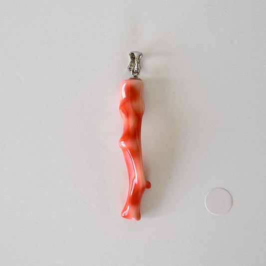 Coral Branch Pendant Natural Deep Sea Coral, Pink Orange Color (40mm Length, Rhodium-Pated Silver Bail, Organic Jewelry)