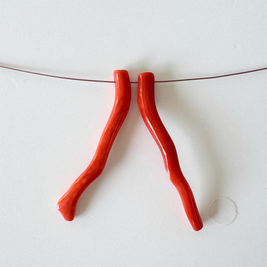 Momo Coral Branches Natural Japanese, Set of 2 Orange Vermilion (44-45mm, Side Full-Hole, Genuine Coral)