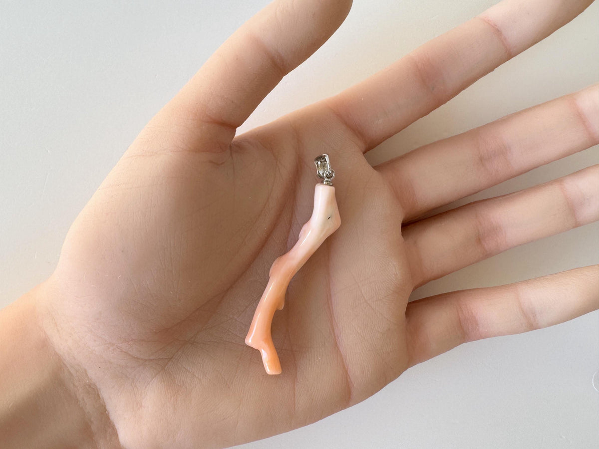 Coral Branch Pendant - Natural Deep Sea Coral Jewelry - Pink / White Branch, Rhodium-Plated Silver Bail, 50mm Length