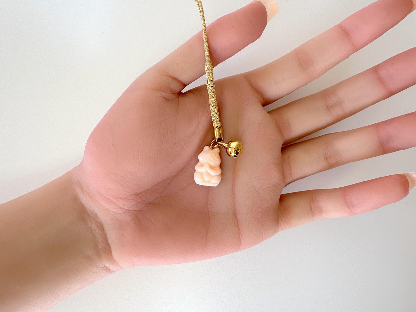 Lucky charm, Natural Deep sea coral Praying Frog key strap, Netsuke strap, Natural color precious coral